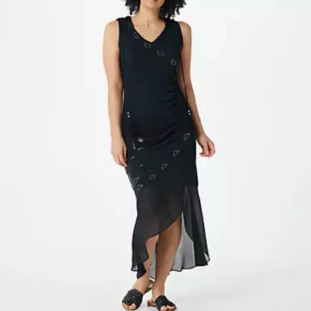 Haute Hippie Tribe Black Knit & Chiffon Embellished Maxi Dress with Hood